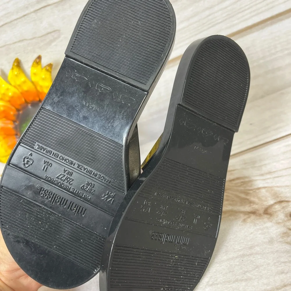 Mini Melissa Girls Black Jelly Flip Flop Sandals Bow Silver Ball Studded 11 Shoe